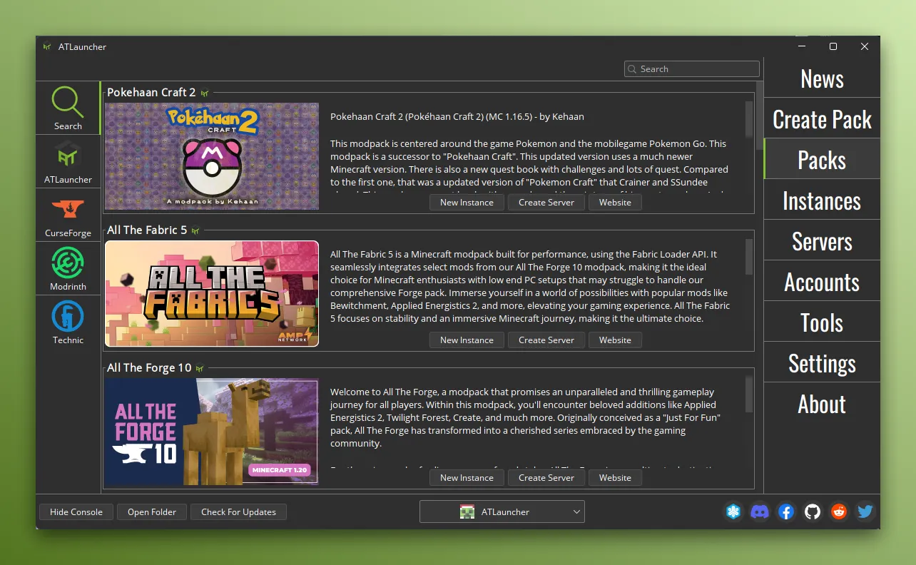 ATLauncher Packs tab