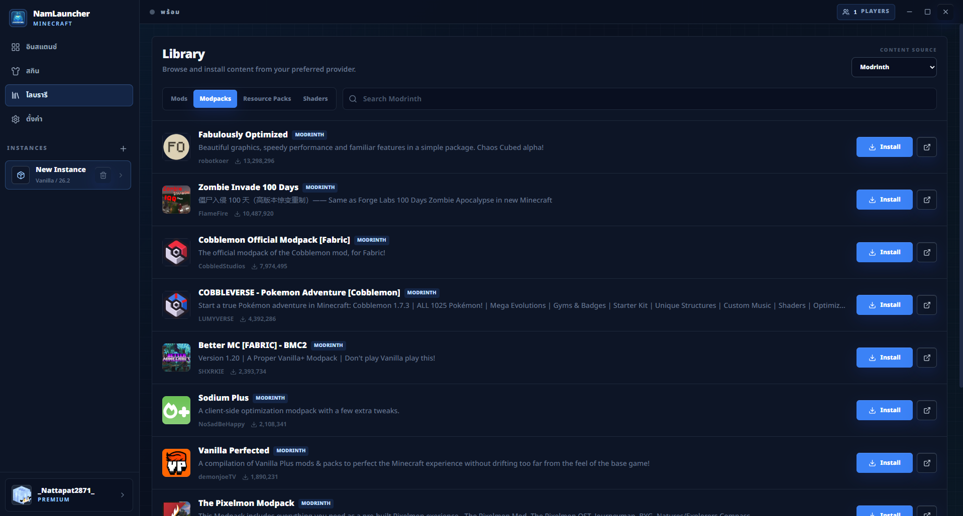 NamLauncher Library showing Modrinth and CurseForge content search