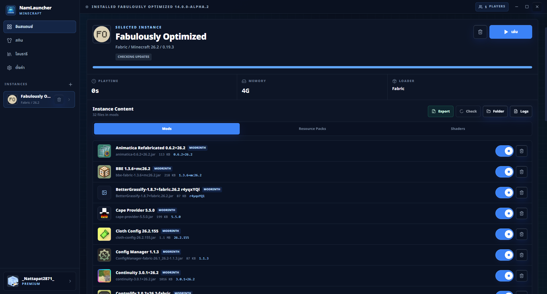 NamLauncher installed mods page with smooth controls and accurate versions