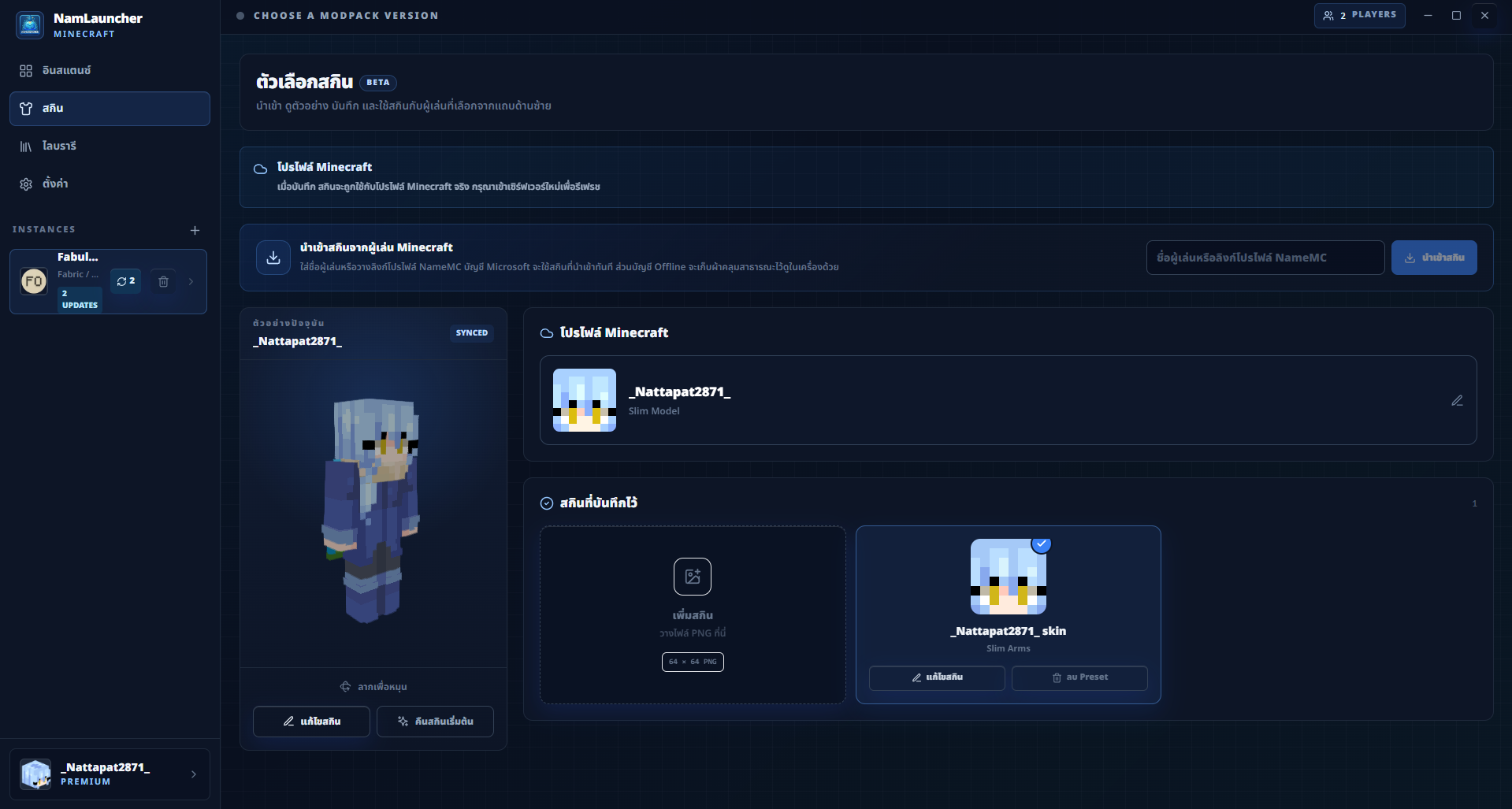 NamLauncher skin selector with 3D player preview and saved presets